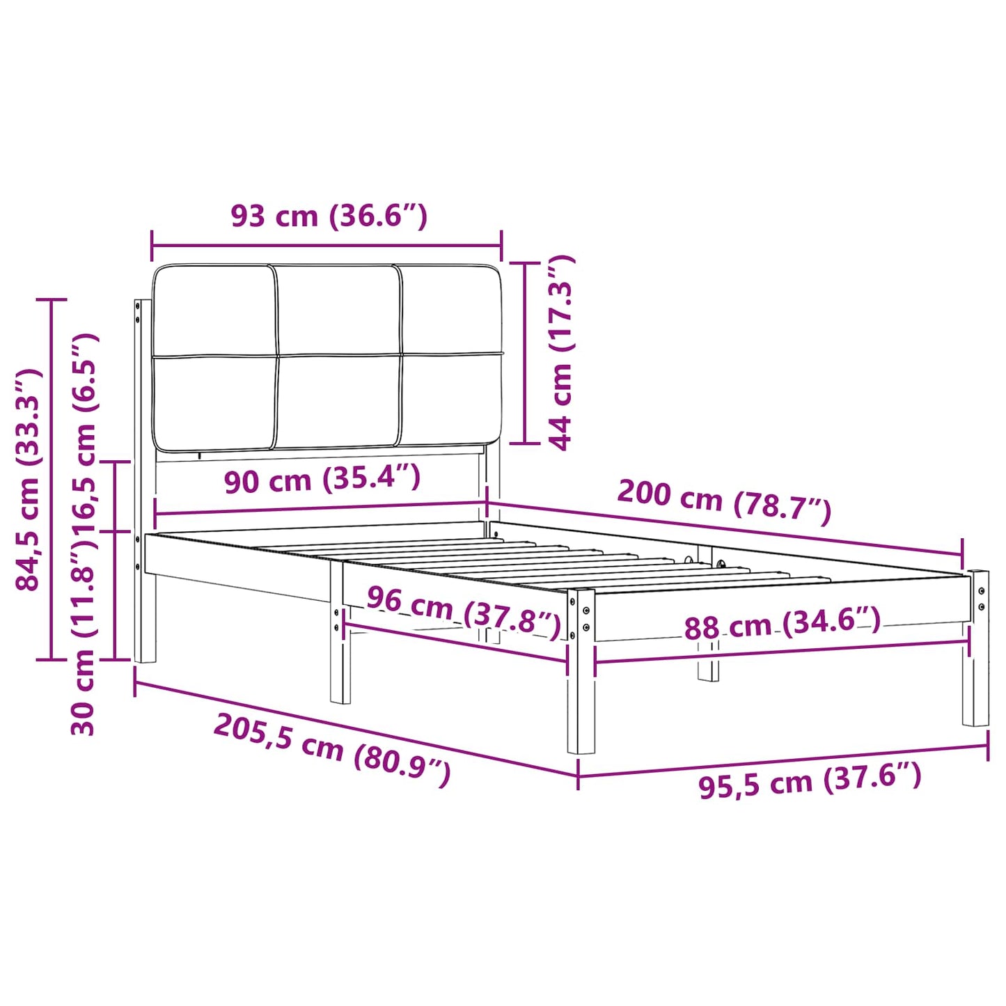 vidaXL Σκελετός Κρεβατιού με Επενδεδυμένο Κεφαλάρι Μαύρο 90 x 200 cm