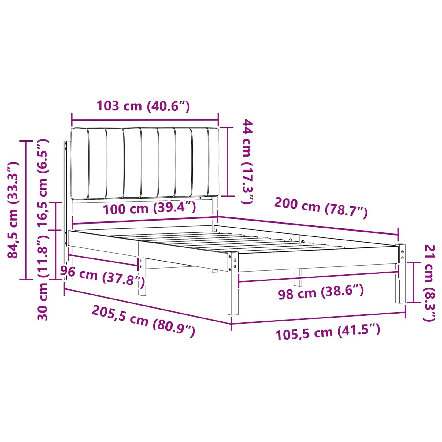 vidaXL Σκελετός Κρεβατιού με Επενδεδυμένο Κεφαλάρι Μαύρο 100 x 200 cm