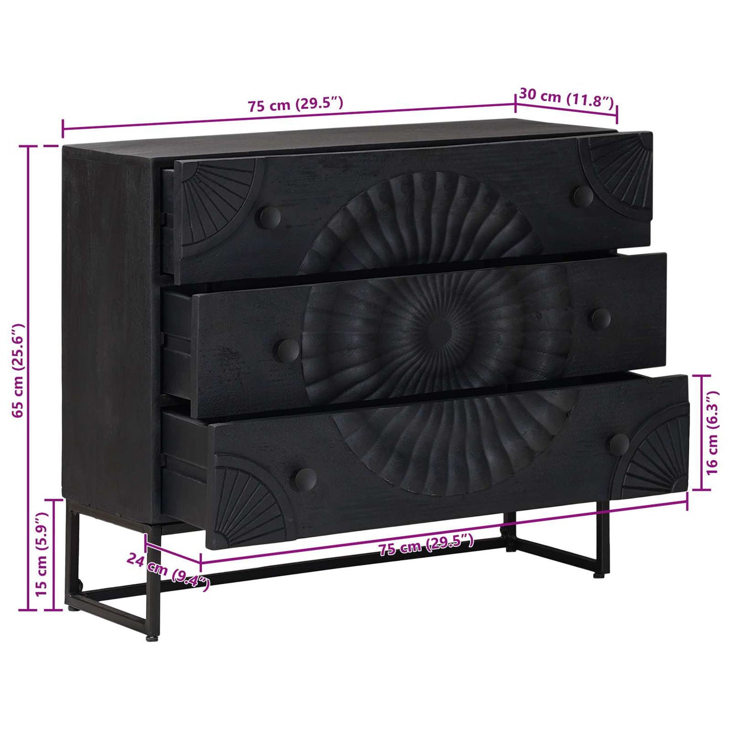 vidaXL Ντουλάπι με Συρτάρια με συρτάρι Μαύρο 75 x 30 x 65 εκ