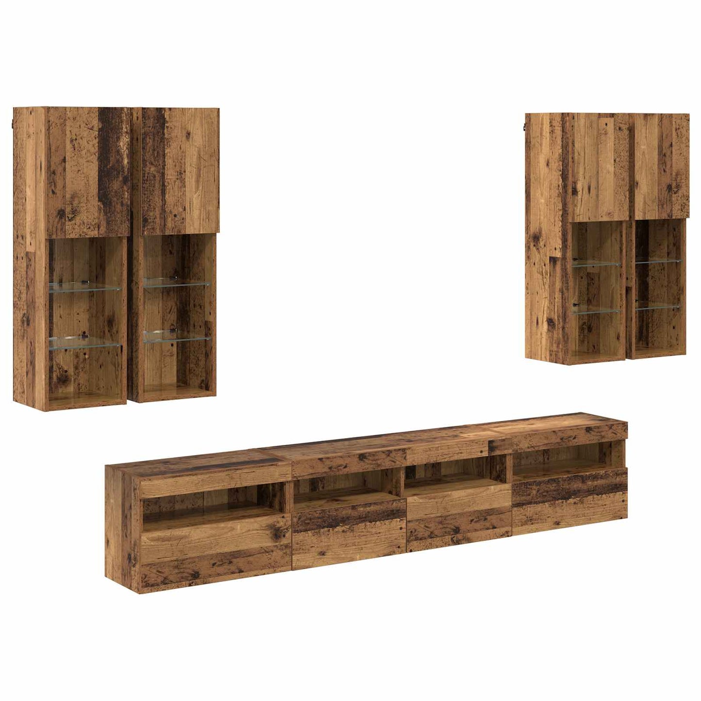 vidaXL Σετ Κονσόλας Τηλεόρασης με LED Φώτα Επιτοίχιο 7 pcs Παλιό ξύλο