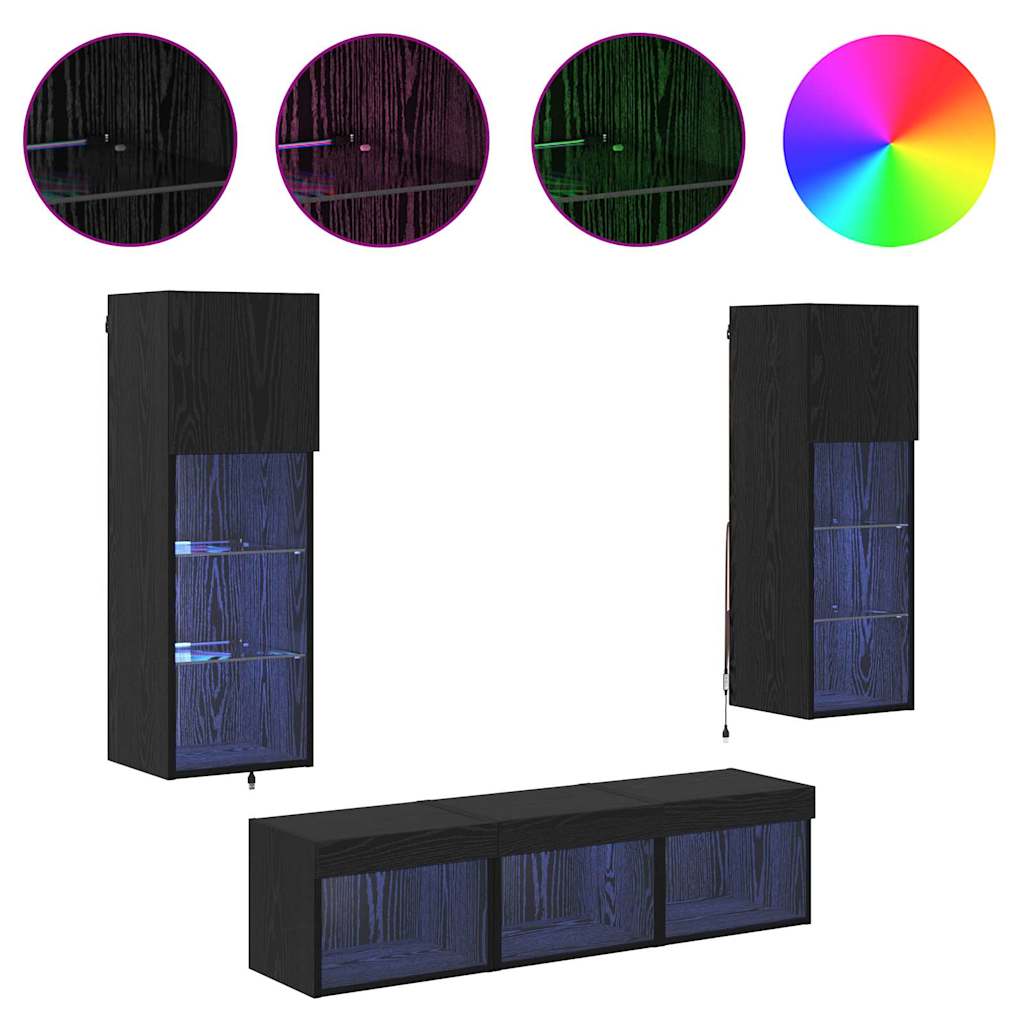 vidaXL Μονάδες Τοίχου Τηλεόρασης 5 pcs Μαύρη Οξυά Επεξεργασμένο ξύλο