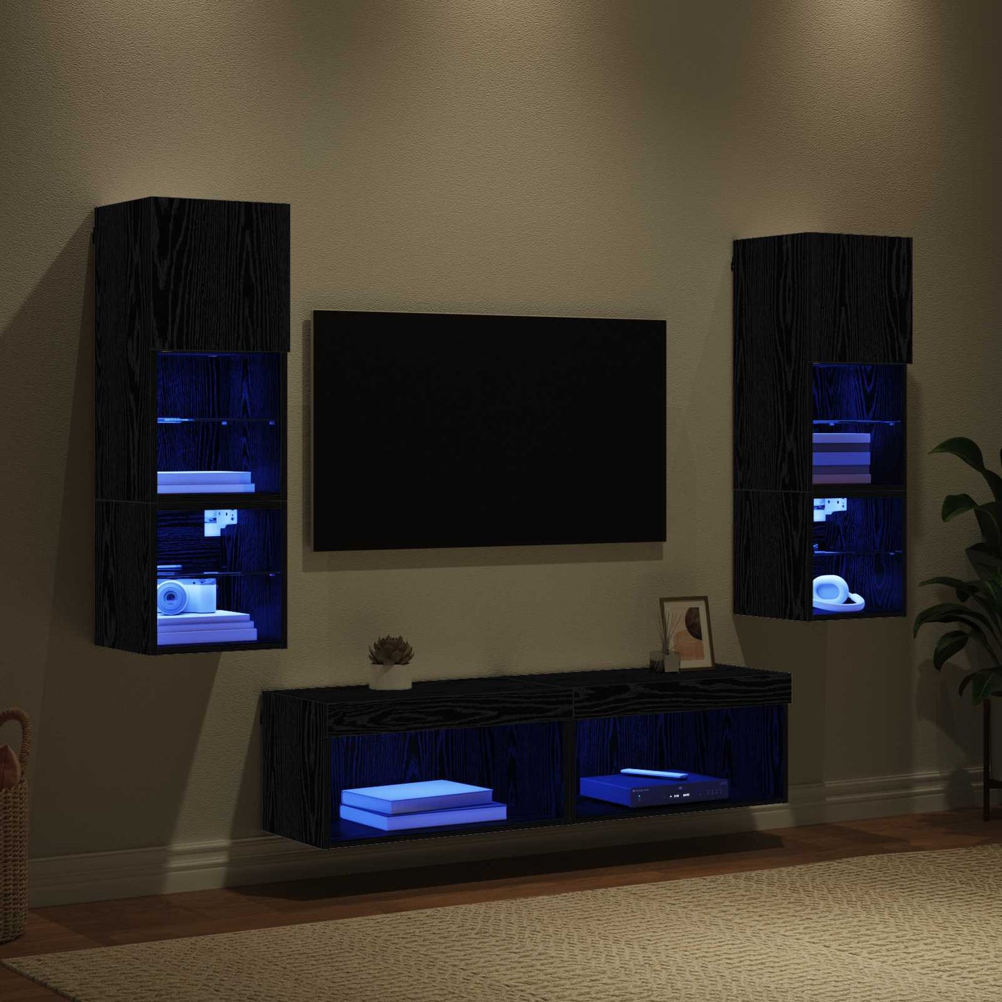 vidaXL Μονάδα Τοίχου Τηλεόρασης 6 pcs Μαύρη Οξυά Επεξεργασμένο ξύλο