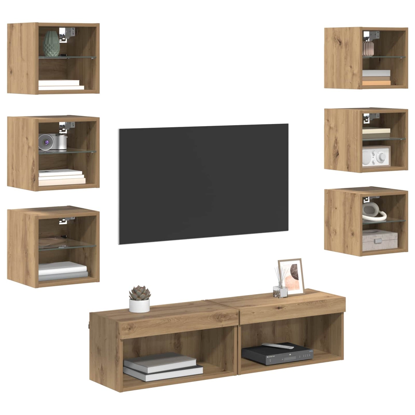 vidaXL Ντουλάπι TV με φώτα λωρίδας LED 8 pcs Artisan Oak Γυαλί