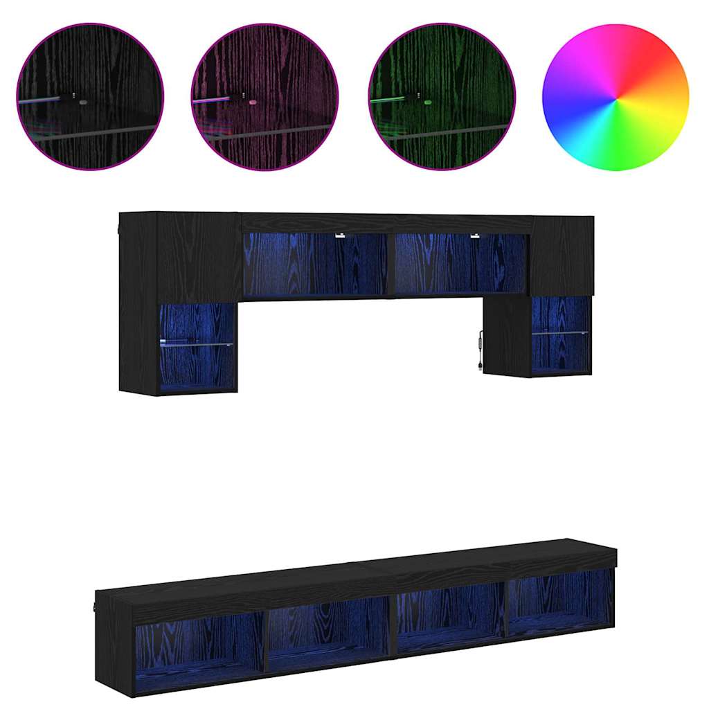 vidaXL Μονάδες Τοίχου ΤV με LED 6 τμχ. Μαύρη Οξυά Επεξεργασμένο Ξύλο
