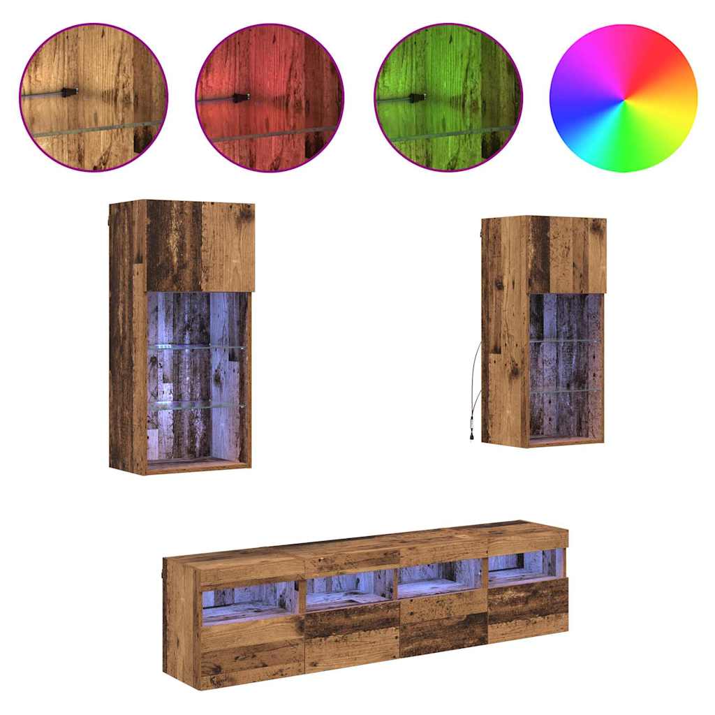 vidaXL Μονάδες Τοίχου ΤV με LED 5 pcs Παλιό Ξύλο 40,5 x 30 x 90 εκ
