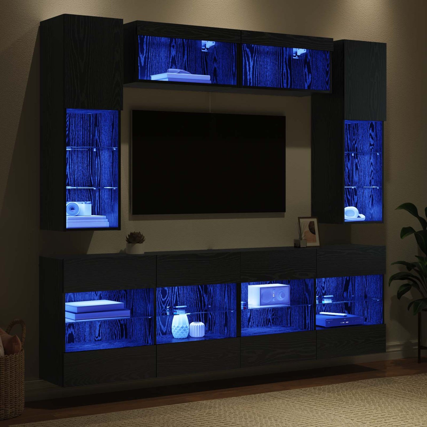 vidaXL Σετ τοίχου για τηλεόραση με led Επιτοίχιο 6 pcs Μαύρη Δρυς