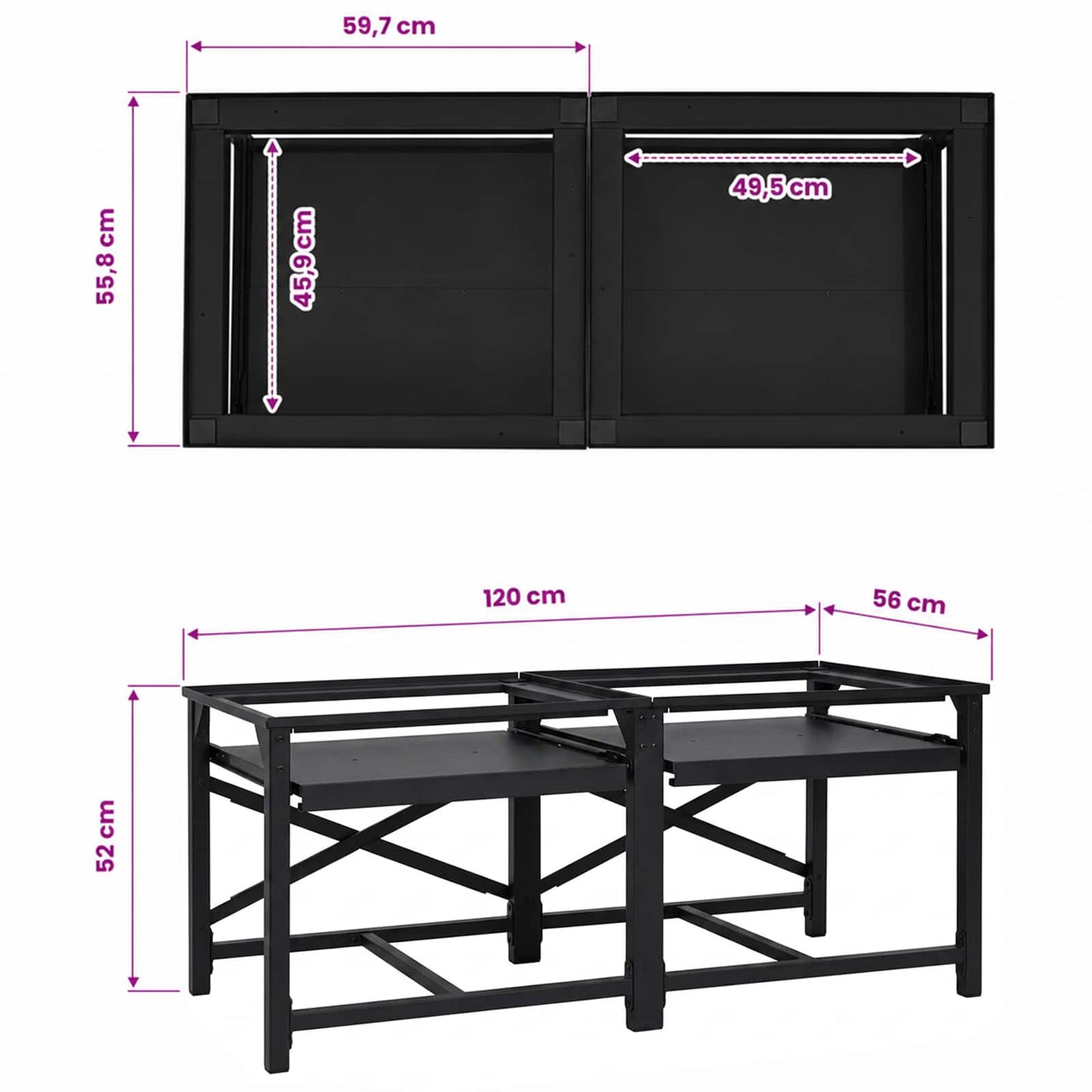 vidaXL Βάση Πλυντηρίου Ρούχων 2 τεμ. Μαύρο 120 x 56 x 52 εκ Ατσάλι