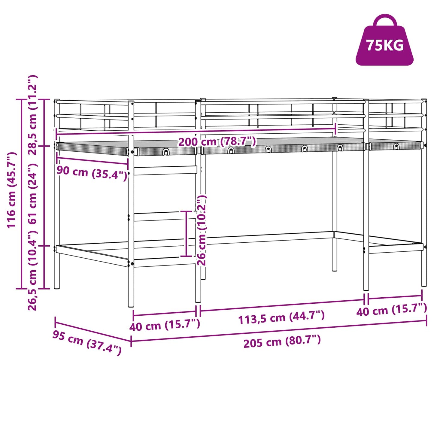 vidaXL Κρεβάτι κουκέτας για παιδιά Μαύρο 90 x 200 cm Ατσάλι