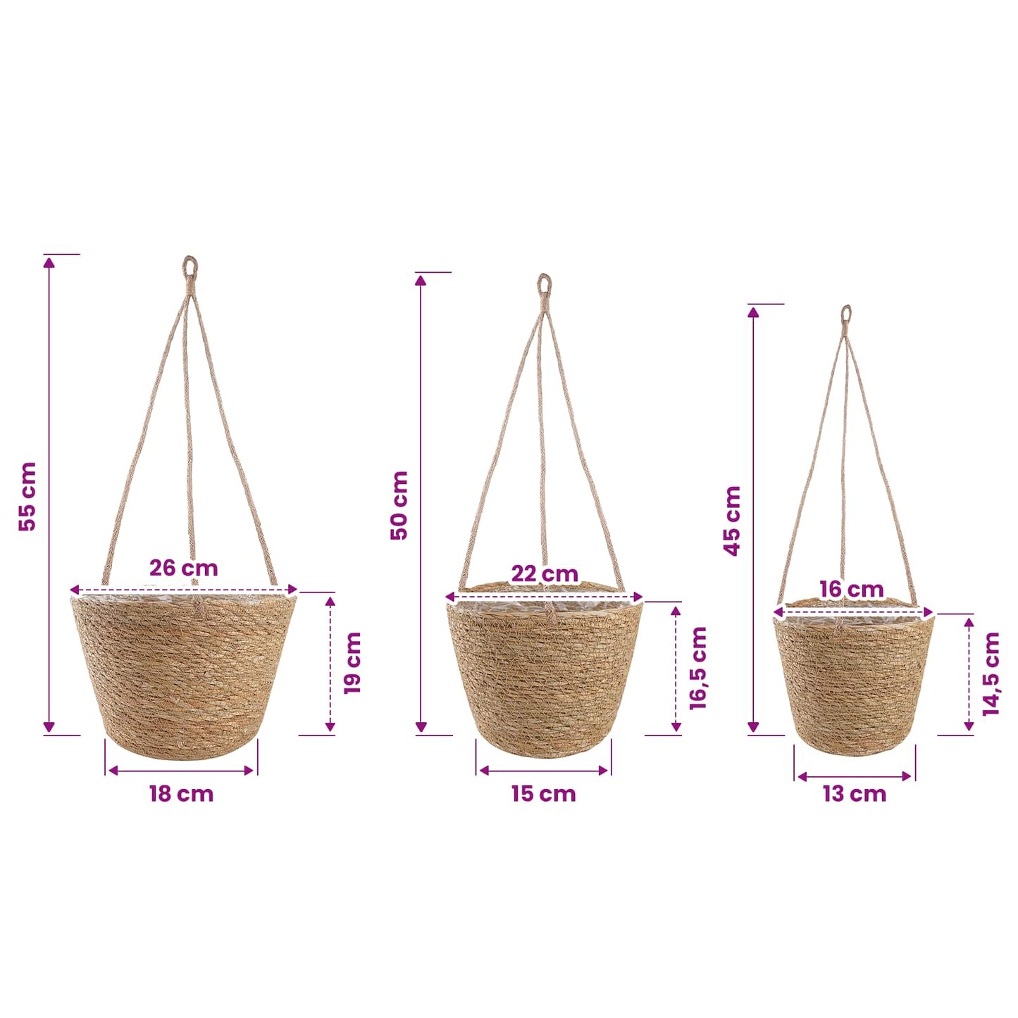 vidaXL Καλάθια φυτών από θαλασσόχορτο 3 pcs Φυσικό Ø26 x 19 εκ.