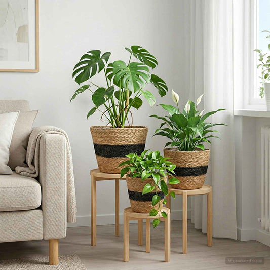 vidaXL Καλάθια φυτών από θαλασσόχορτο 3 pcs Φυσικό και Μαύρο