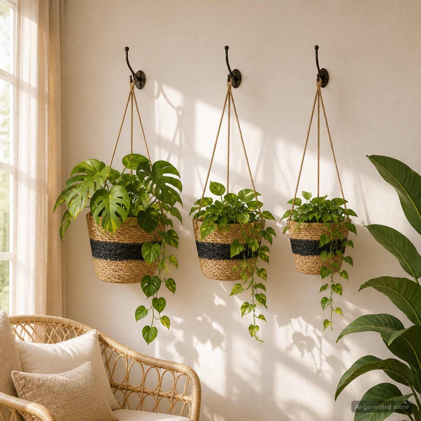 vidaXL Hanging Plant Pot 3 τμχ. Φυσικό και Μαύρο Ø26 x 19 εκ.