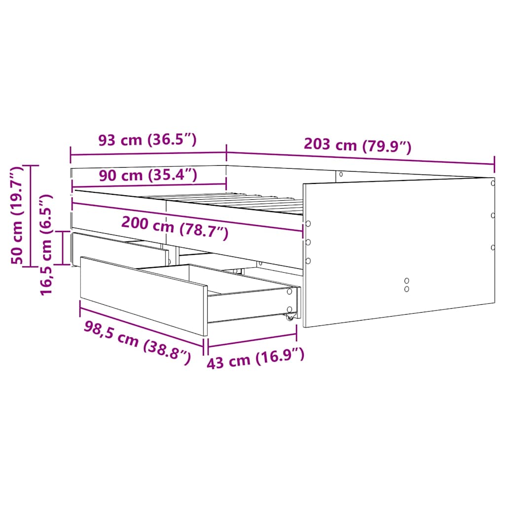 vidaXL Σκελετός Κρεβατιού Μαύρη Οξυά 90 x 200 cm Στερεά ξυλεία πεύκου