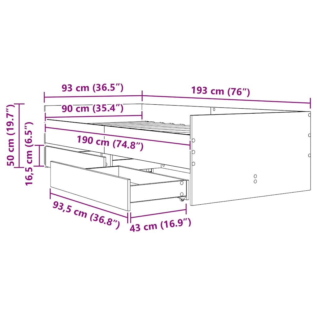 vidaXL Σκελετός Κρεβατιού Μαύρη Οξυά 90 x 190 cm Στερεά ξυλεία πεύκου