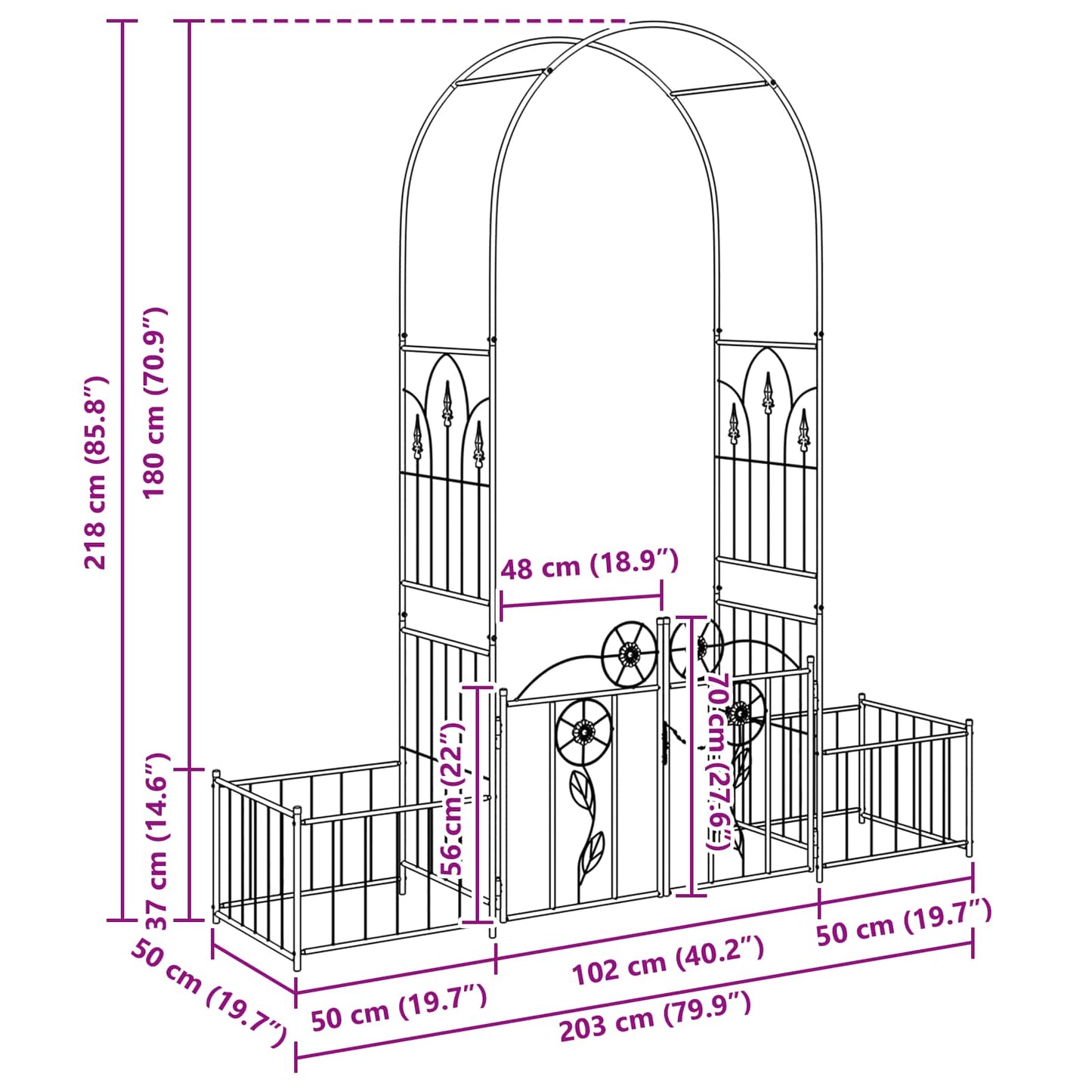 vidaXL Κήπος Αψίδα Μονόχρωμο Μαύρο 203 x 50 x 218 εκ.