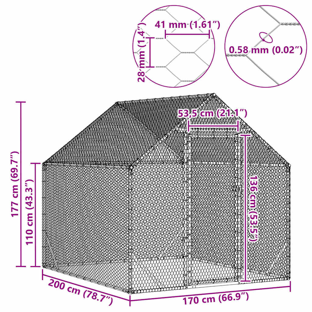 vidaXL Κλουβί για κότες Ασημί 200x170x177εκ Επικαλυμμένος Χάλυβας