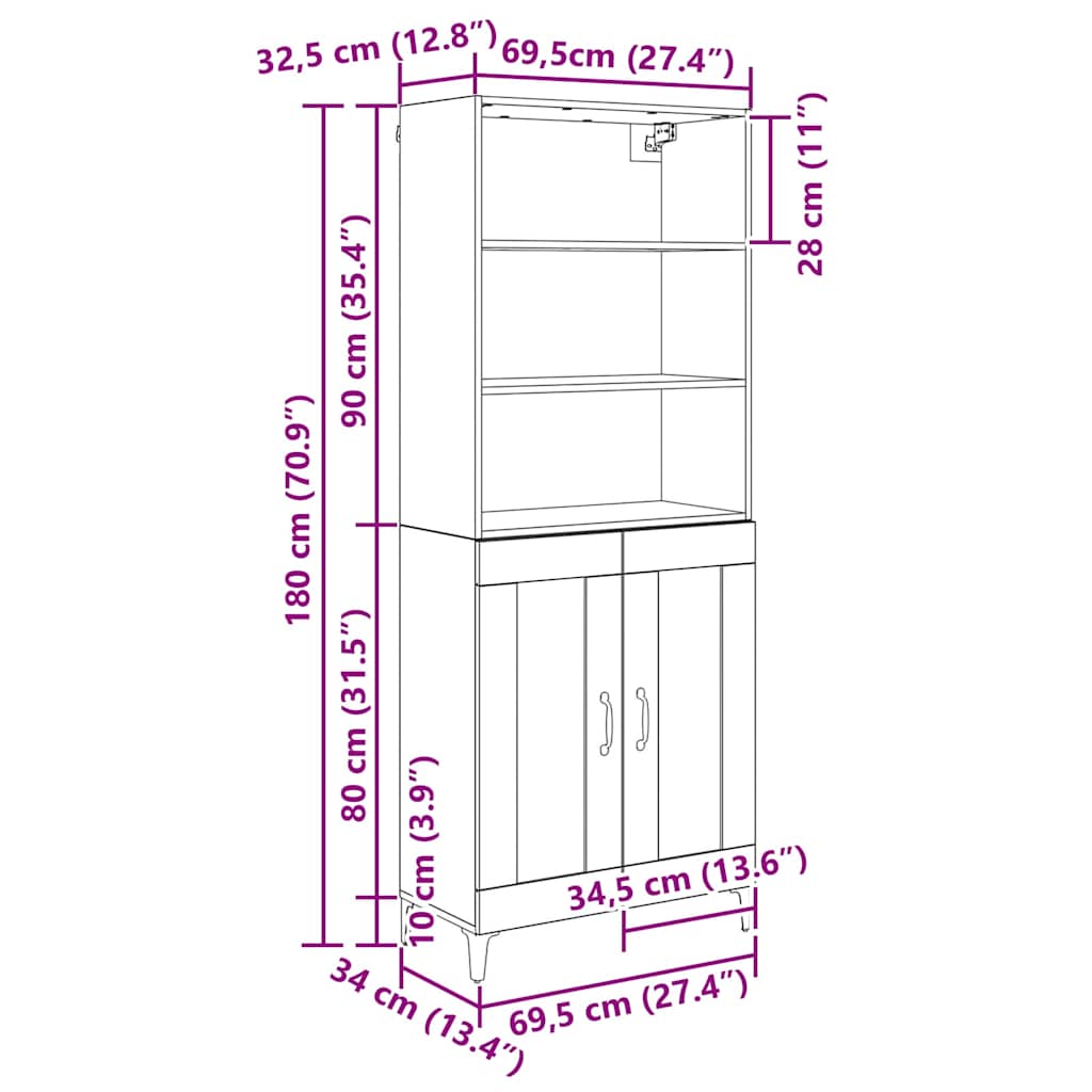 vidaXL Highboard Artisan Oak 69,5 x 34 x 180 εκ. Επεξεργασμένο ξύλο