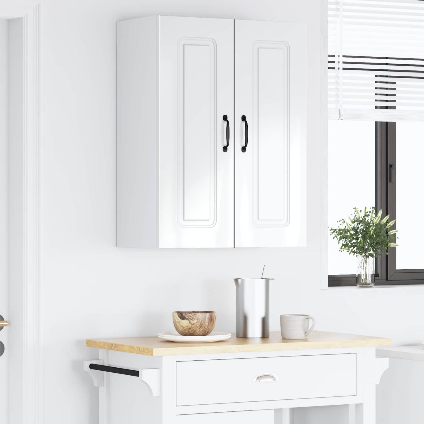 vidaXL Κρεμαστό ντουλάπι κουζίνας με ράφι 2 pcs Υψηλής γυαλάδας λευκό