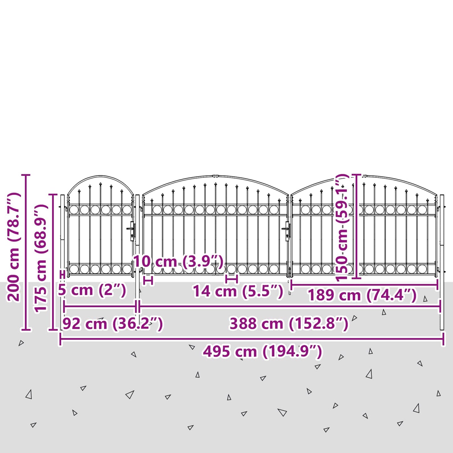vidaXL Πύλη Κήπου με Καμπύλη Κορυφή Assen Γκρι 500 x 100 cm Ατσάλι