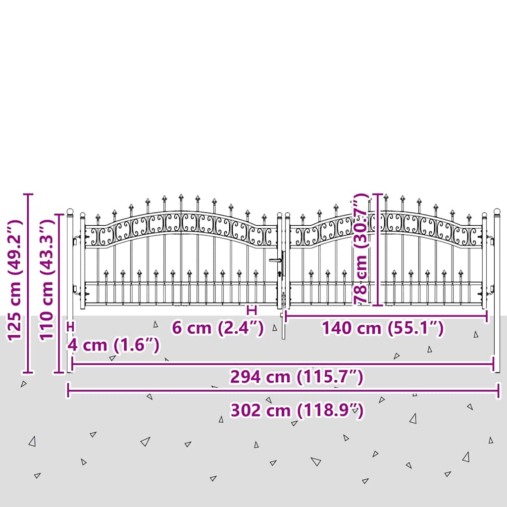vidaXL Πύλη Φράχτη με Στρογγυλή Κορυφή Γκρι 305 x 75 εκ. Ατσάλι
