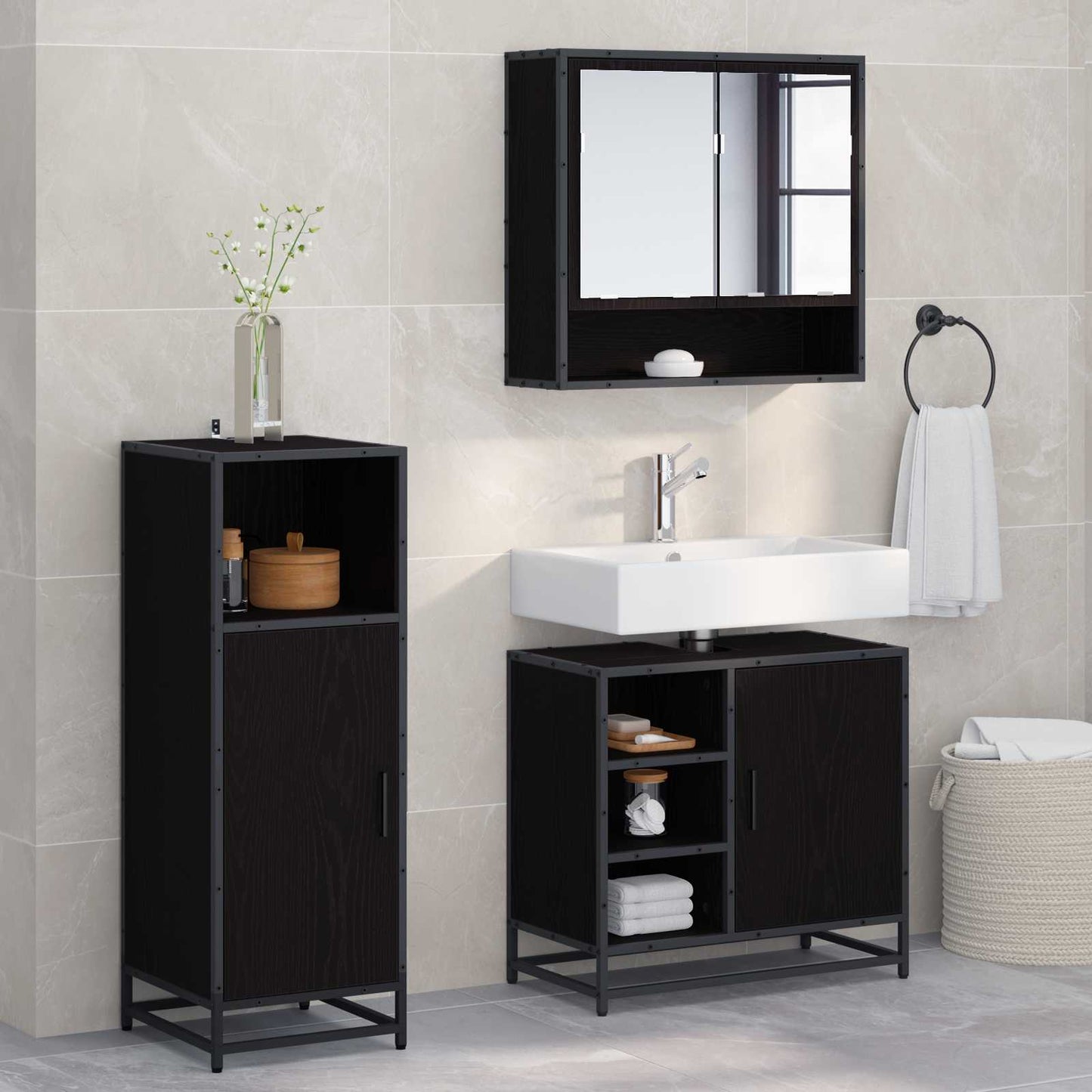 vidaXL Σετ Επίπλων Μπάνιου 3 τμχ. Μαύρη Οξυά 35 x 37,5 x 100 εκ.