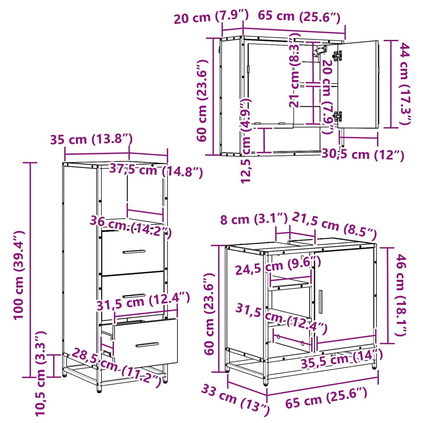 vidaXL Σετ Επίπλων Μπάνιου 3 τμχ. Παλιό Ξύλο 65 x 33 x 60 εκ