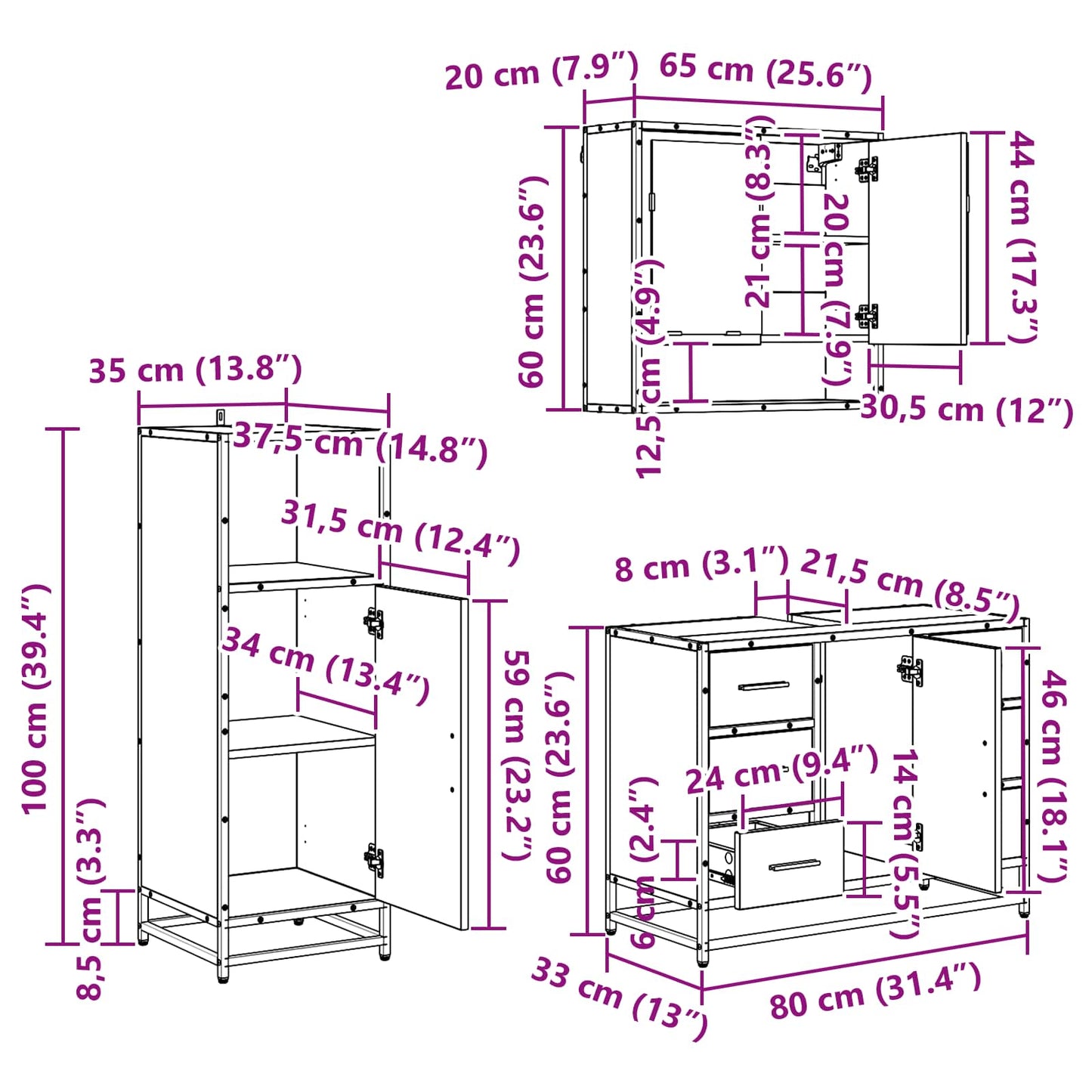 vidaXL Σετ Επίπλων Μπάνιου 3 τμχ. Μαύρη Οξυά 80 x 33 x 60 εκ