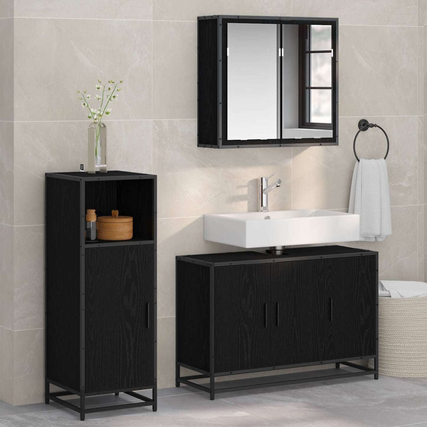 vidaXL Σετ Επίπλων Μπάνιου 3 τμχ. Μαύρη Οξυά 90 x 33 x 60 εκ.