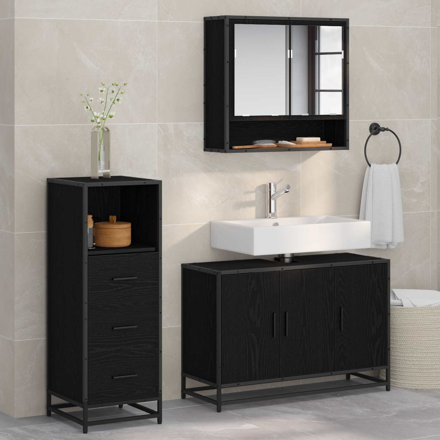 vidaXL Σετ Επίπλων Μπάνιου 3 τμχ. Μαύρη Οξυά 90 x 33 x 60 εκ.