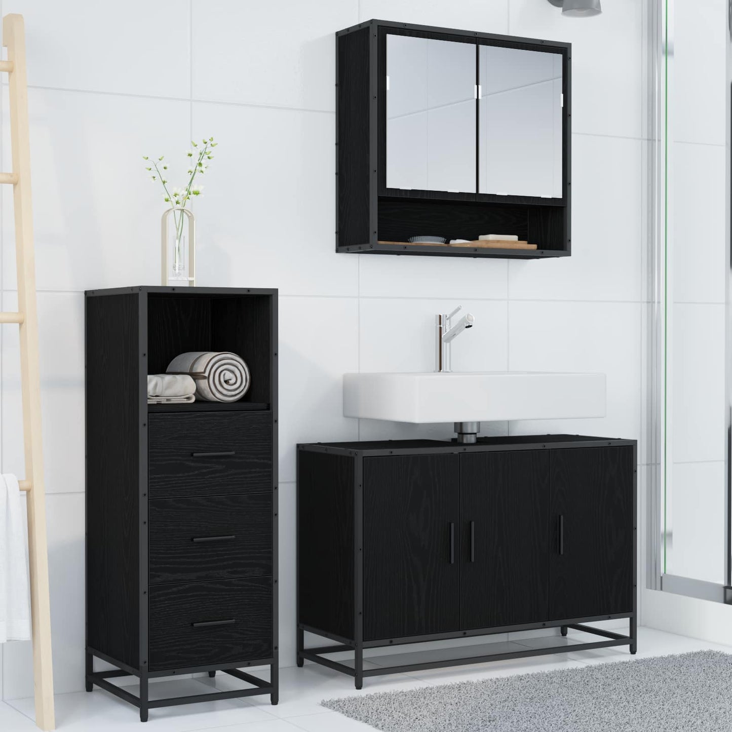 vidaXL Σετ Επίπλων Μπάνιου 3 τμχ. Μαύρη Οξυά 90 x 33 x 60 εκ.