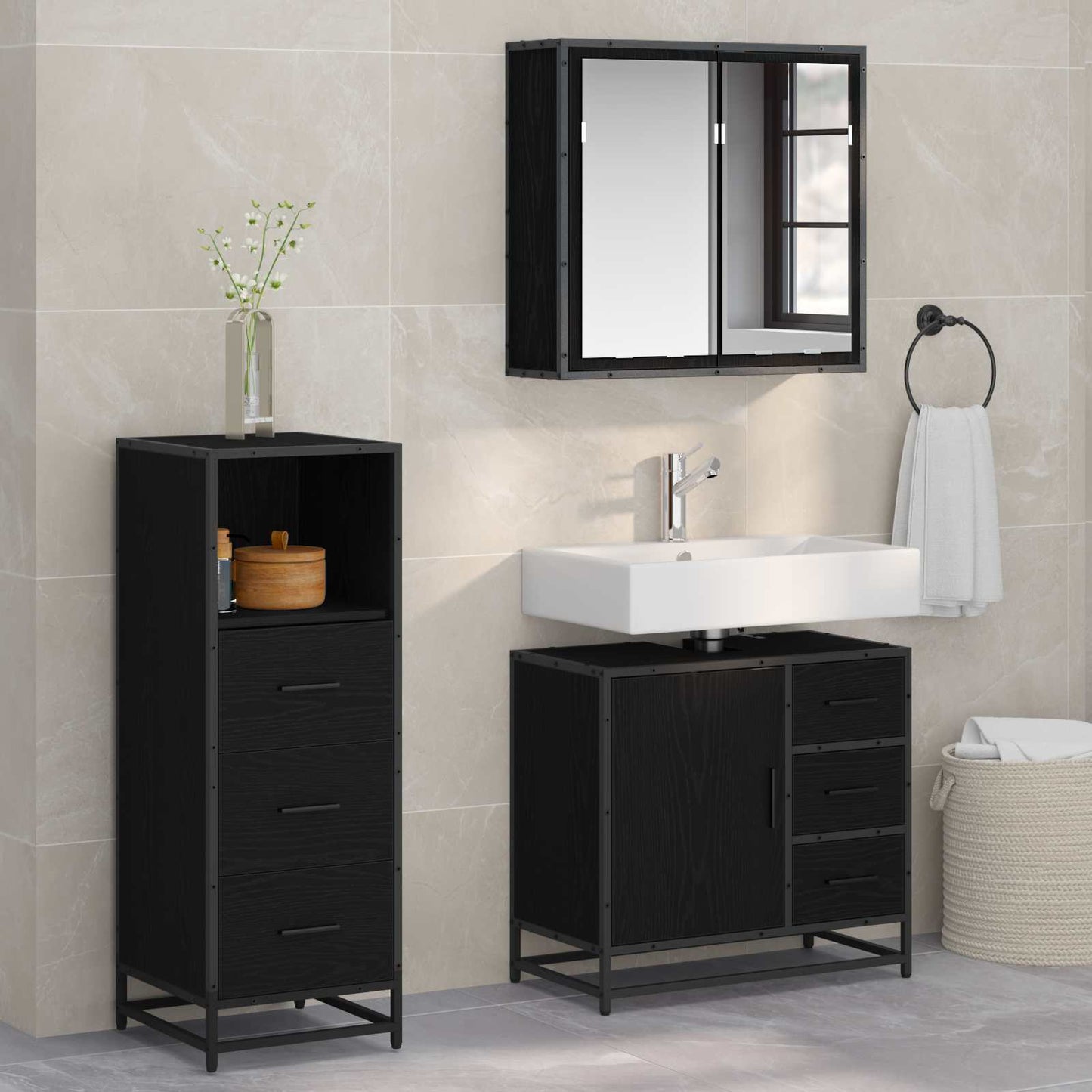 vidaXL Σετ Επίπλων Μπάνιου 3 τμχ. Μαύρη Οξυά 35 x 37,5 x 100 εκ.