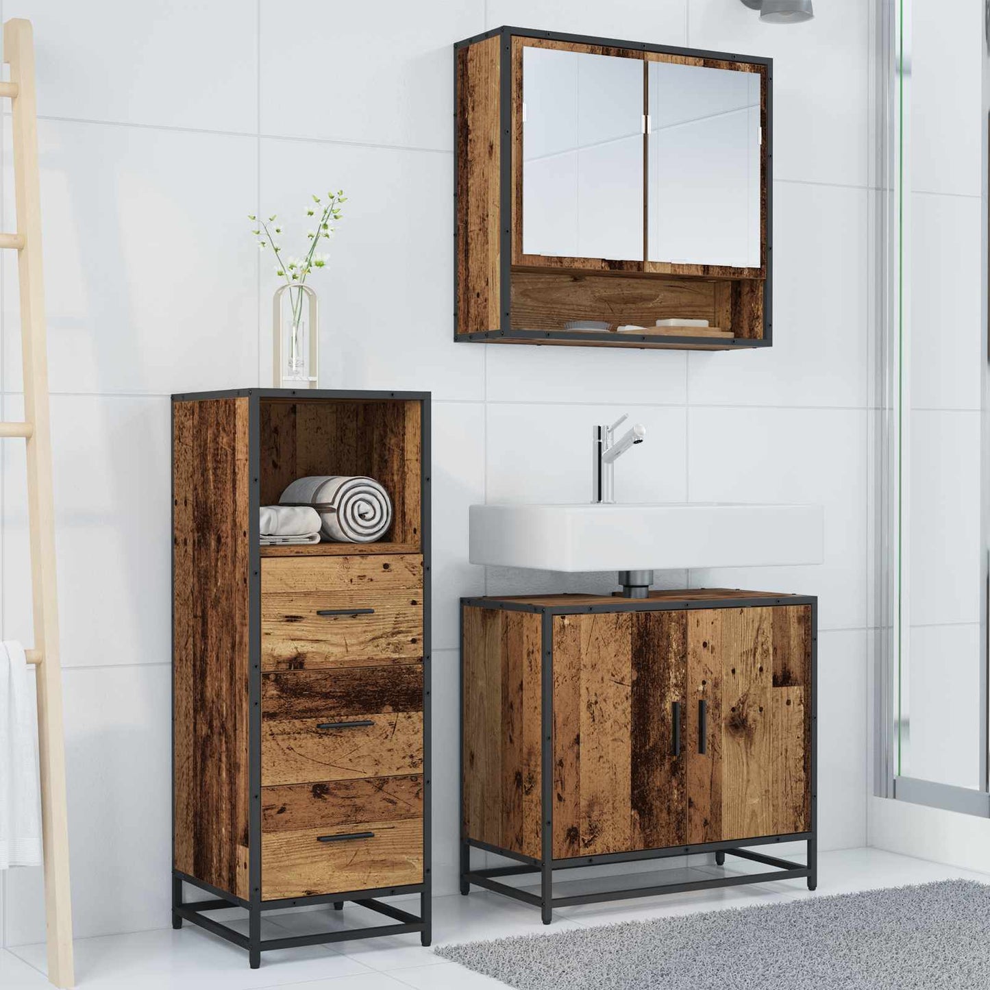 vidaXL Σετ Επίπλων Μπάνιου 3 τμχ. Παλιό Ξύλο 65 x 33 x 60 εκ