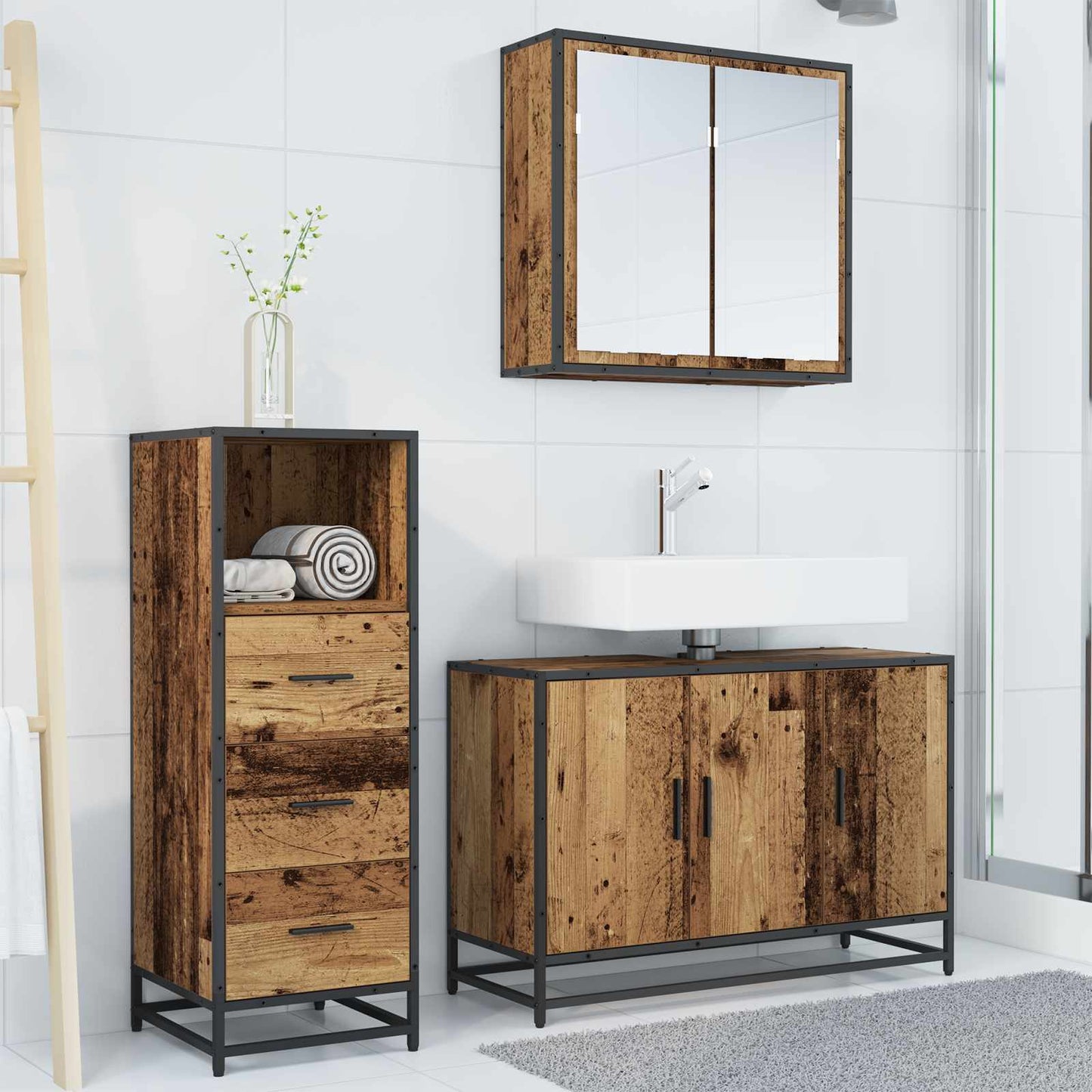 vidaXL Σετ Επίπλων Μπάνιου 3 τμχ. Παλιό Ξύλο 90 x 33 x 60 εκ.