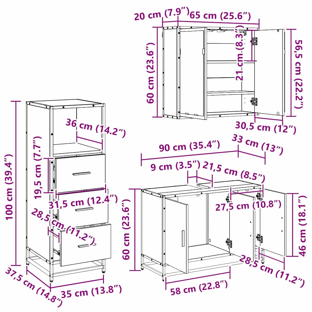 vidaXL Σετ Επίπλων Μπάνιου 3 pcs artisan δρυς 90 x 33 x 60 εκ.