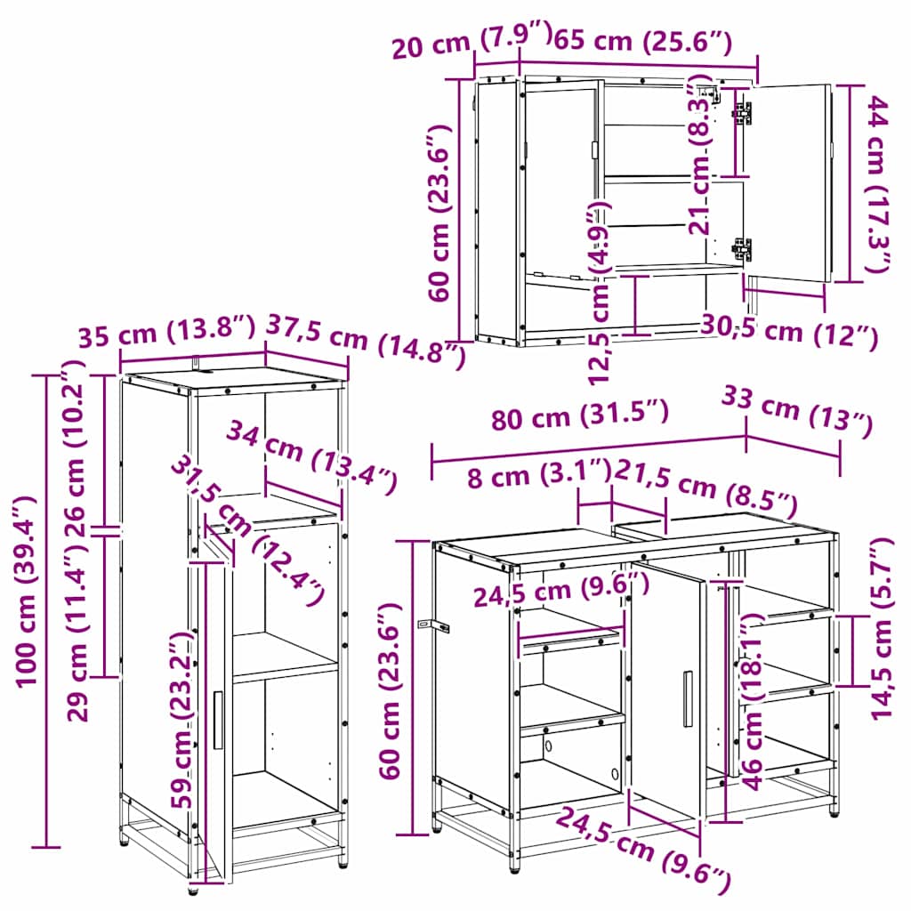 vidaXL Σετ Επίπλων Μπάνιου με ράφι 3 pcs Μαύρη Οξυά Επεξεργασμένο ξύλο