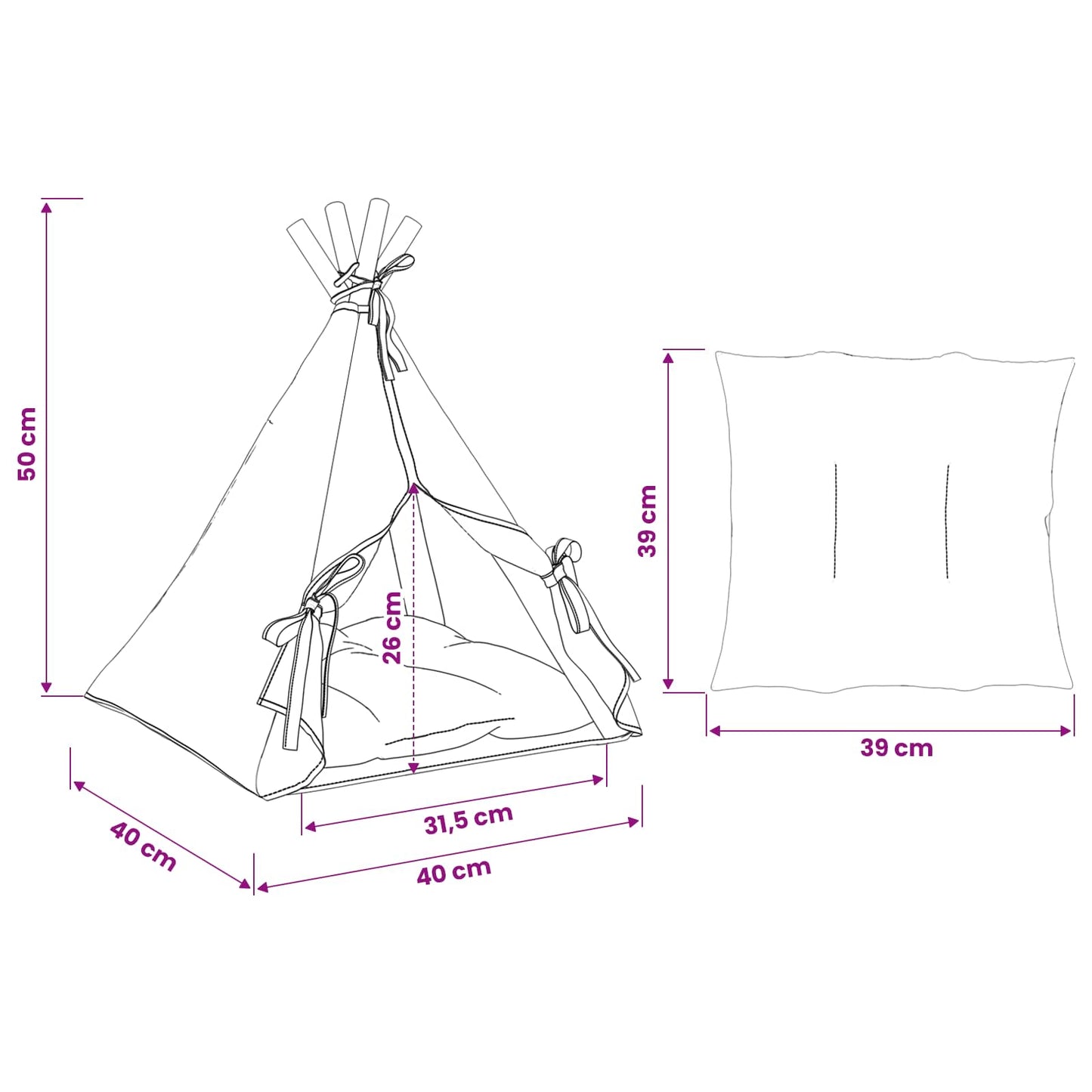 vidaXL Teepee για κατοικίδια με μαξιλάρι Λευκό 40 x 40 x 50 cm
