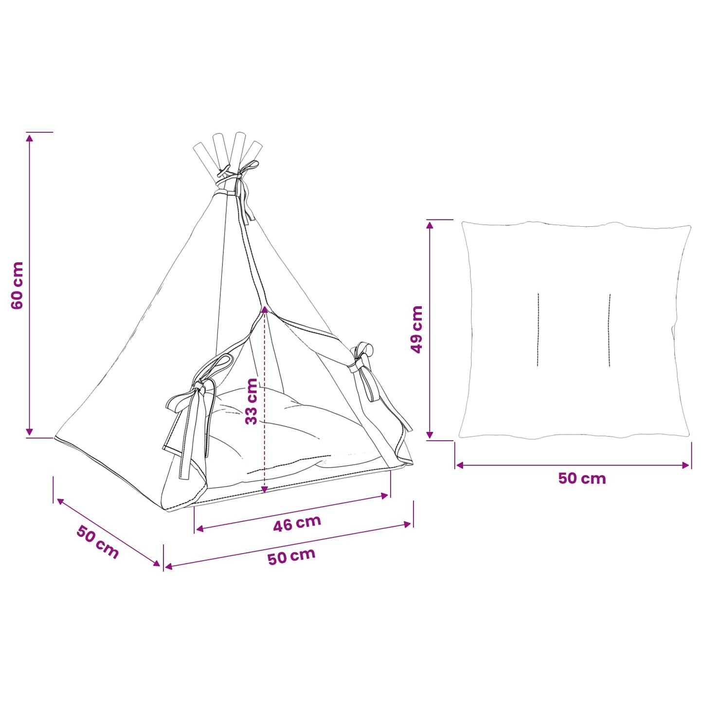vidaXL Teepee για κατοικίδια με μαξιλάρι Λευκό 50 x 50 x 60 cm