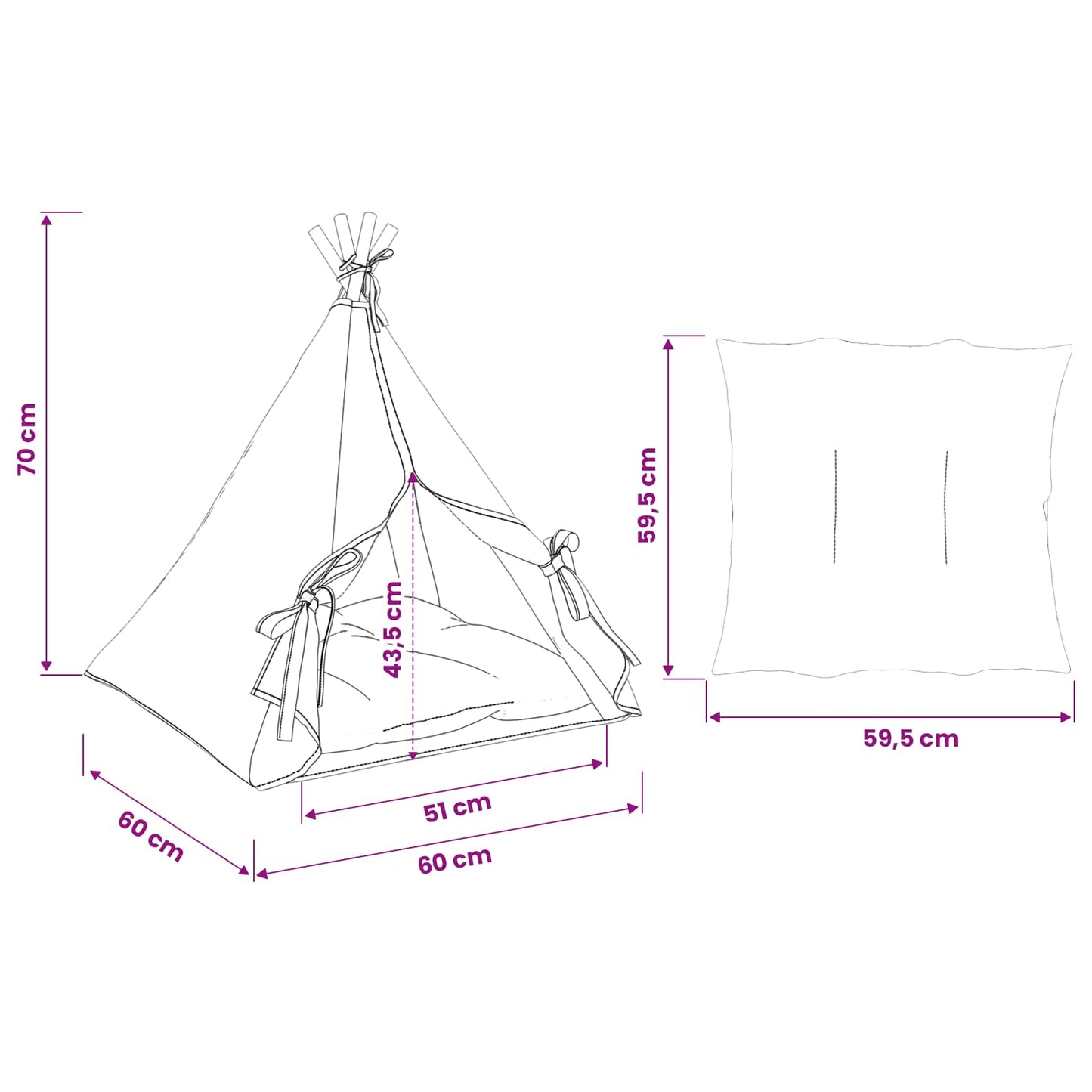 vidaXL Teepee για κατοικίδια με μαξιλάρι Λευκό 60 x 60 x 70 cm
