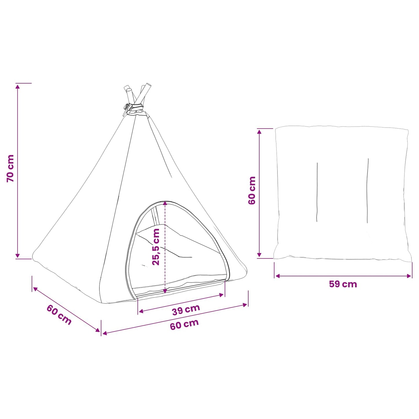 vidaXL Teepee για κατοικίδια με μαξιλάρι 60 x 60 x 70 cm Πολυεστέρας