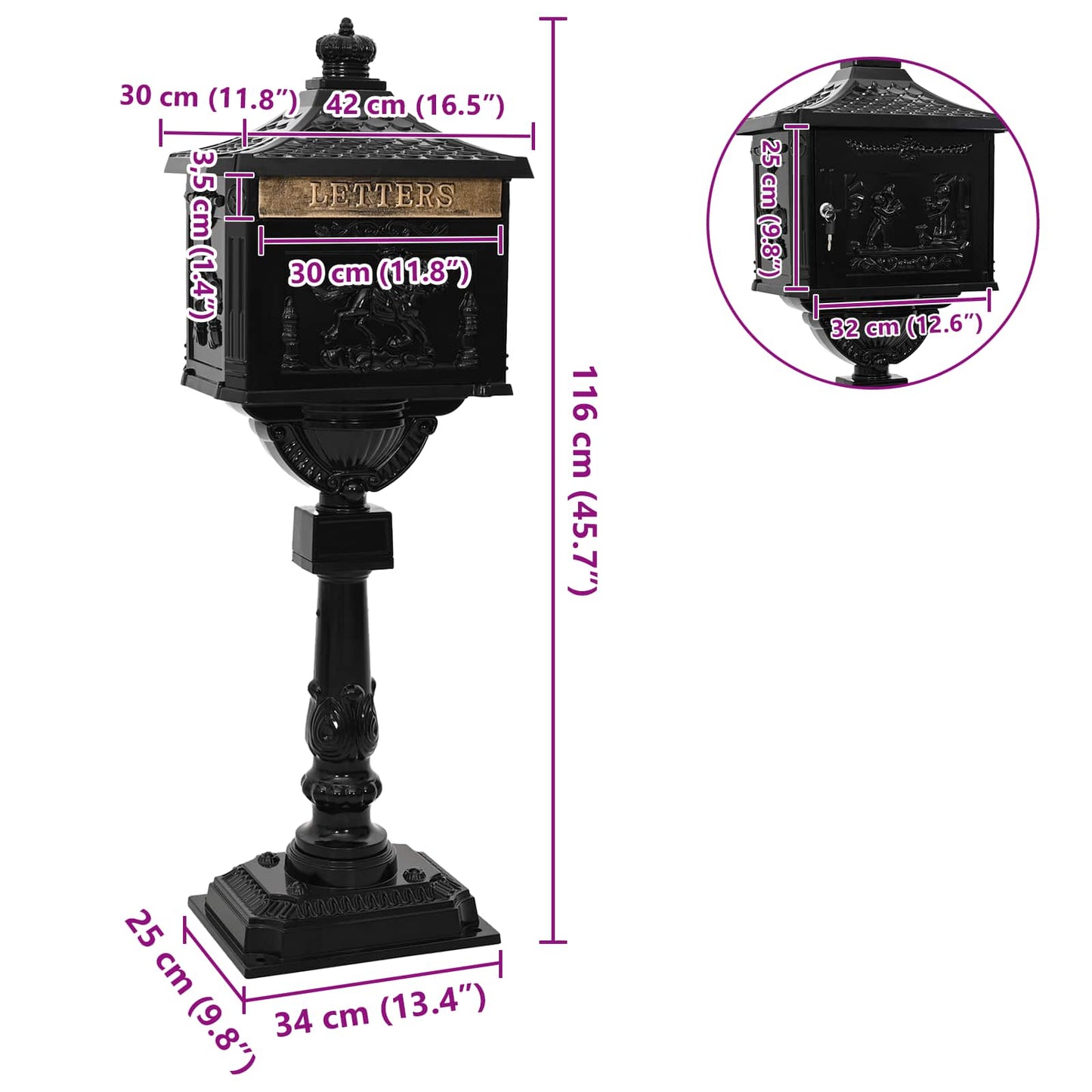 vidaXL Όρθια Θυρίδα Ταχυδρομείου με πόρτα Μαύρο 42,5 x 29,5 x 117 εκ