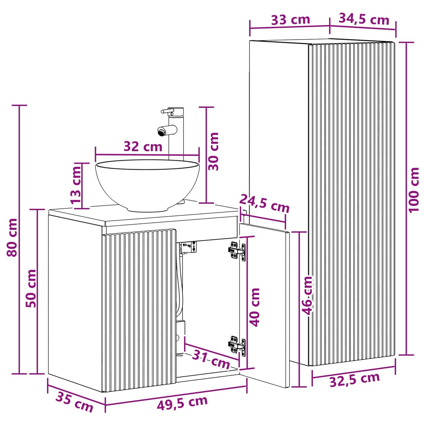 vidaXL Σετ Επίπλων Μπάνιου 2 τμχ. Μαύρο 33 x 34,5 x 100 εκ