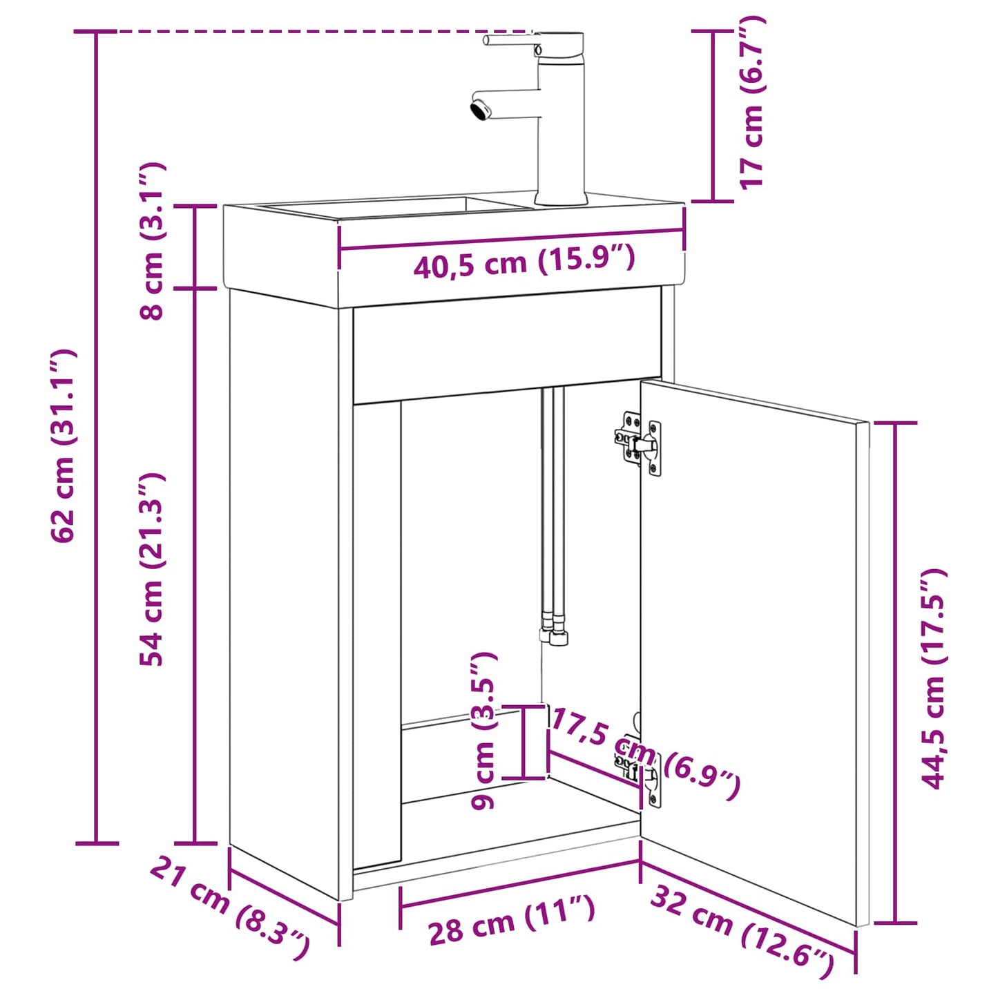 vidaXL Μονάδα μπάνιου με βρύση Λευκό 40,5 x 22,5 x 62 εκ.