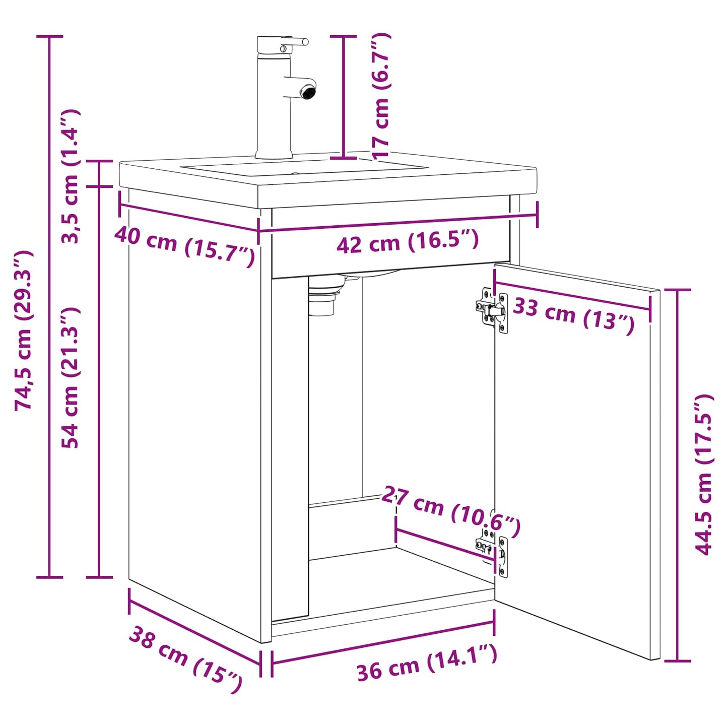 vidaXL Μονάδα μπάνιου με βρύση Παλαιωμένο ξύλο 42 x 40 x 74,5 εκ