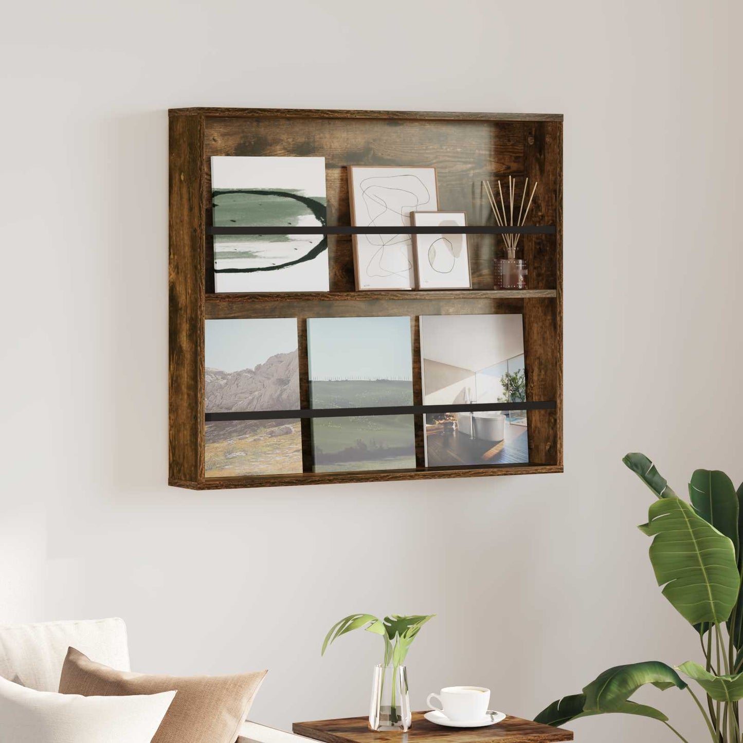 vidaXL Ράφι Περιοδικών με ράφι Επιτοίχιο Καπνιστό Δρύς 80 x 12 x 70 εκ