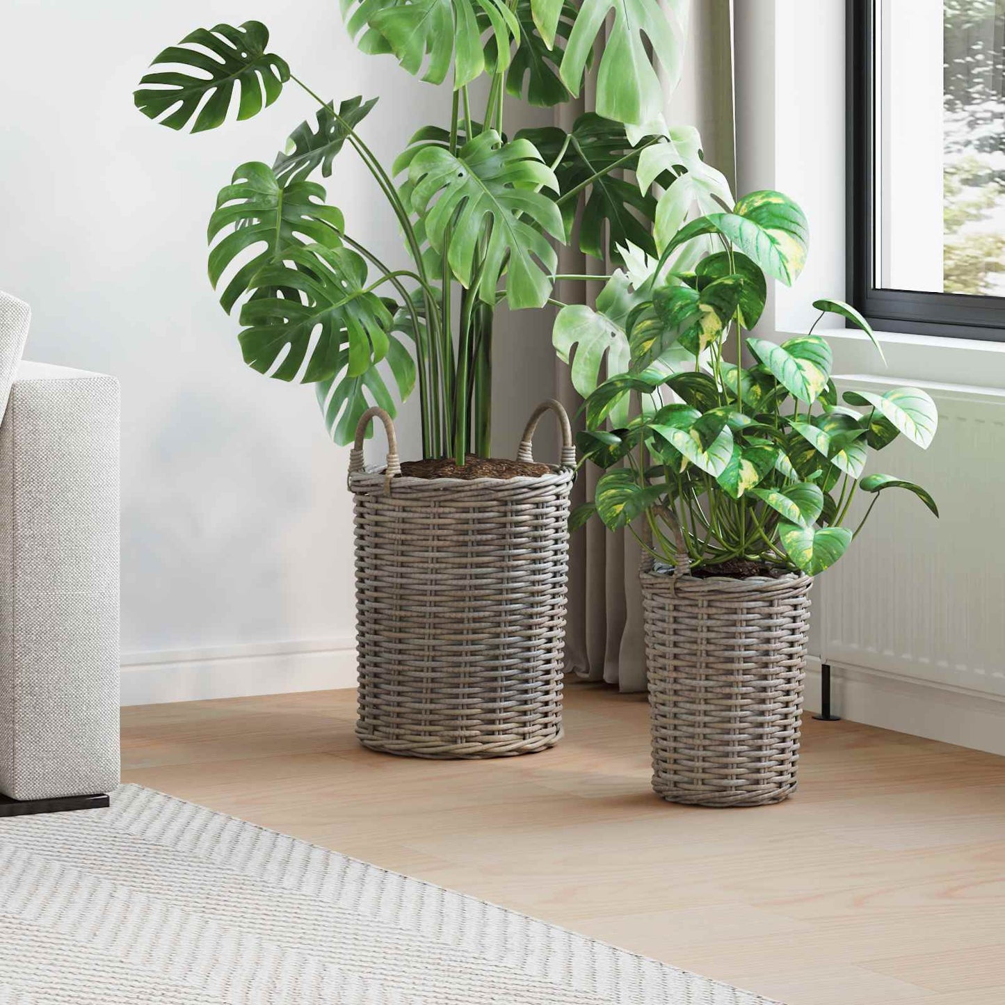 vidaXL Καλάθι Φυτευτή με αποθήκευση 2 pcs Γκρι Ρατάν Κούμπου