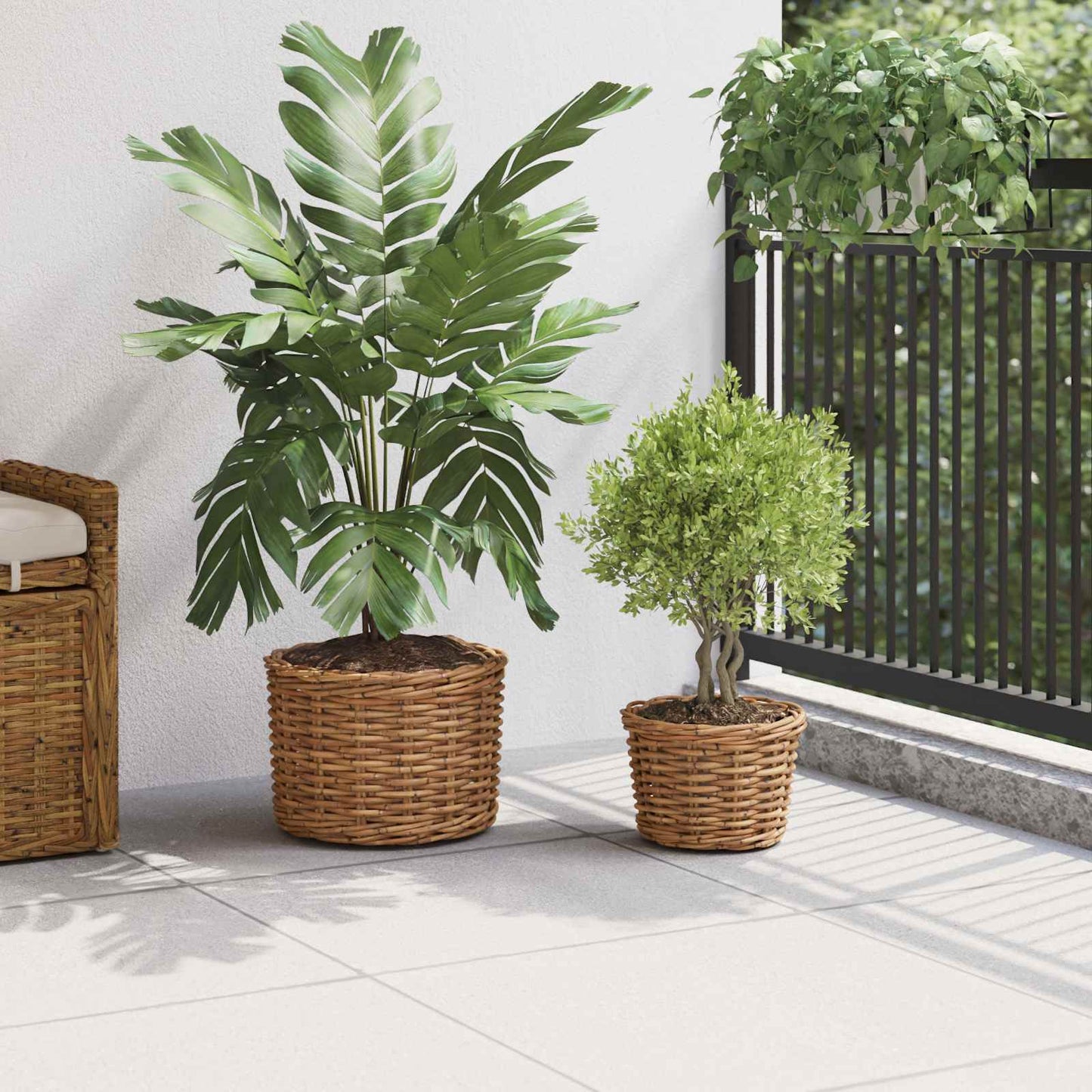 vidaXL Καλάθι Γλάστρας με αποθήκευση 2 pcs Καφέ Ρατάν Κούμπου