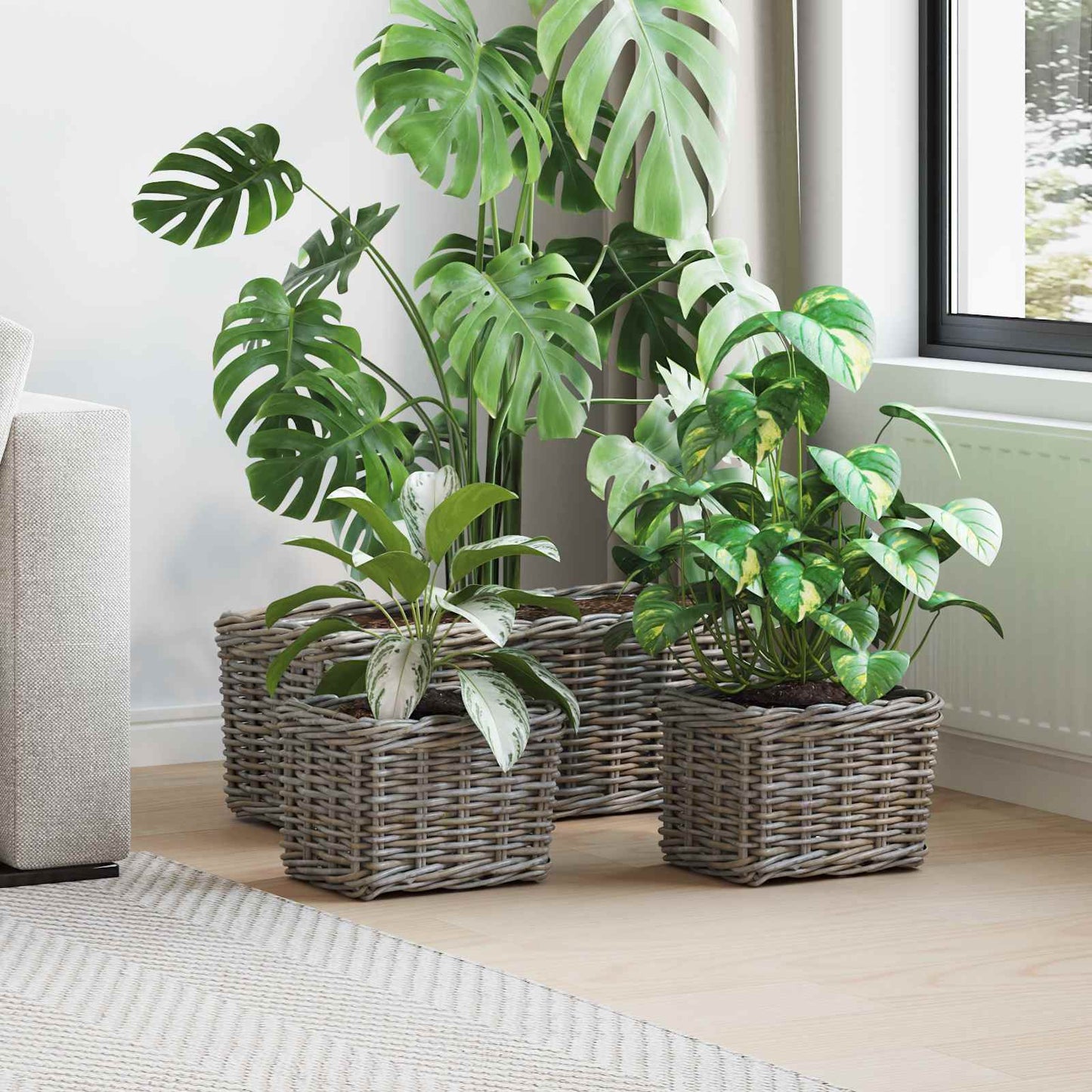 vidaXL Καλάθι Γλάστρας με αποθήκευση 3 pcs Γκρι Ρατάν Κούμπου