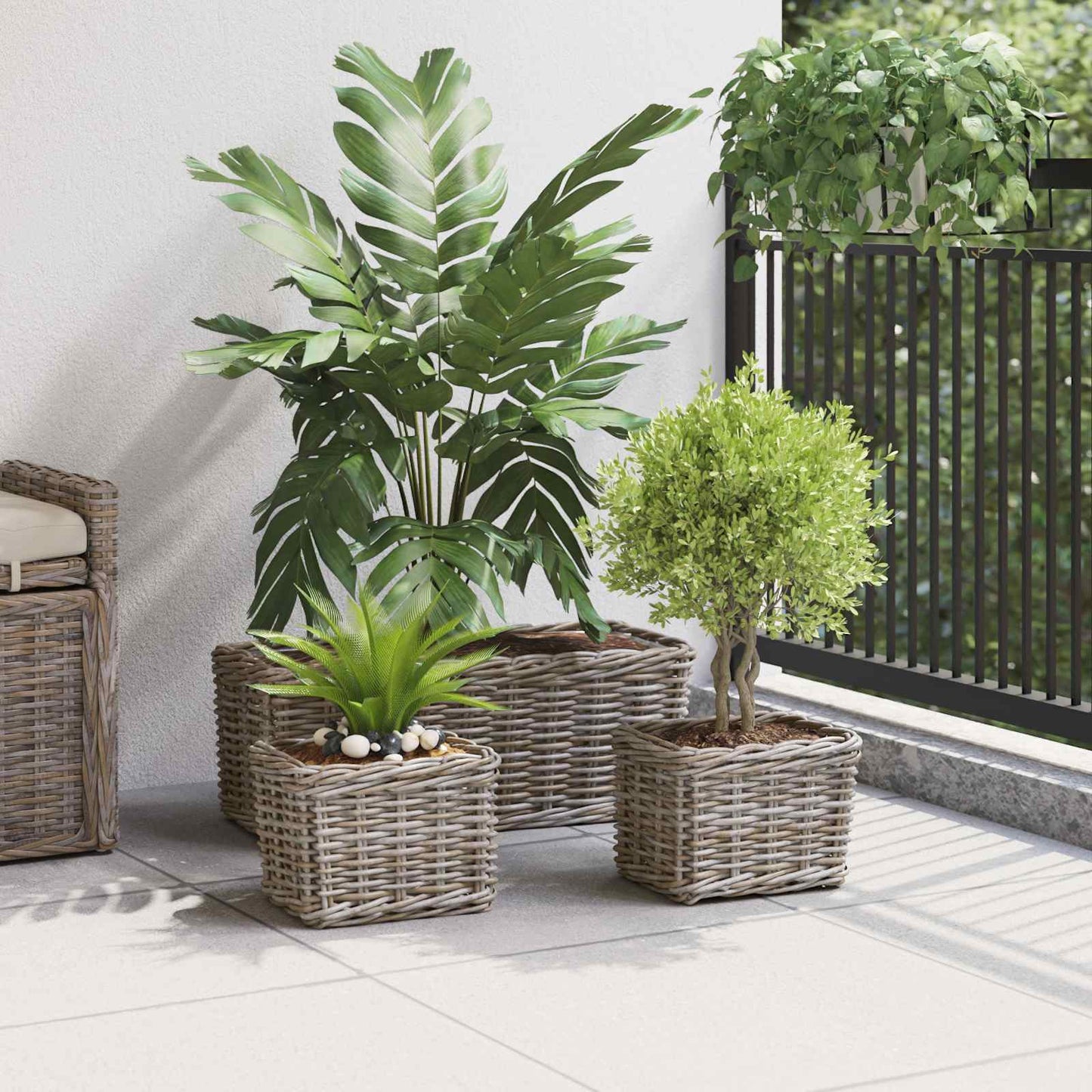 vidaXL Καλάθι Γλάστρας με αποθήκευση 3 pcs Γκρι Ρατάν Κούμπου