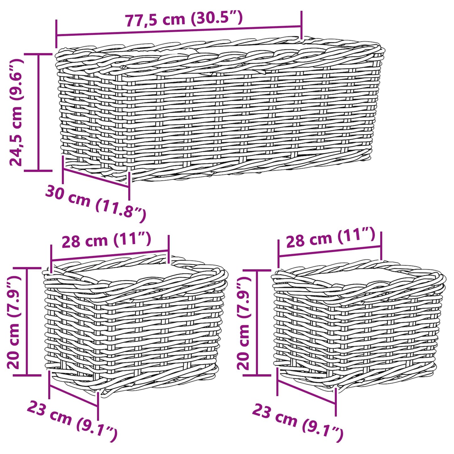 vidaXL Καλάθι Γλάστρας με αποθήκευση 3 pcs Γκρι Ρατάν Κούμπου