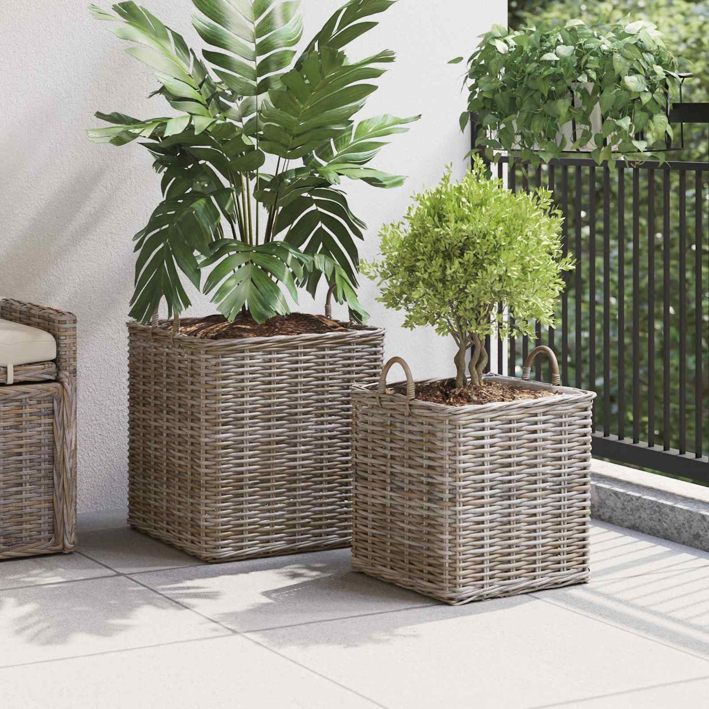 vidaXL Καλάθι Για Φυτά με αποθήκευση 2 pcs Γκρι Ράτταν Λατσάκ
