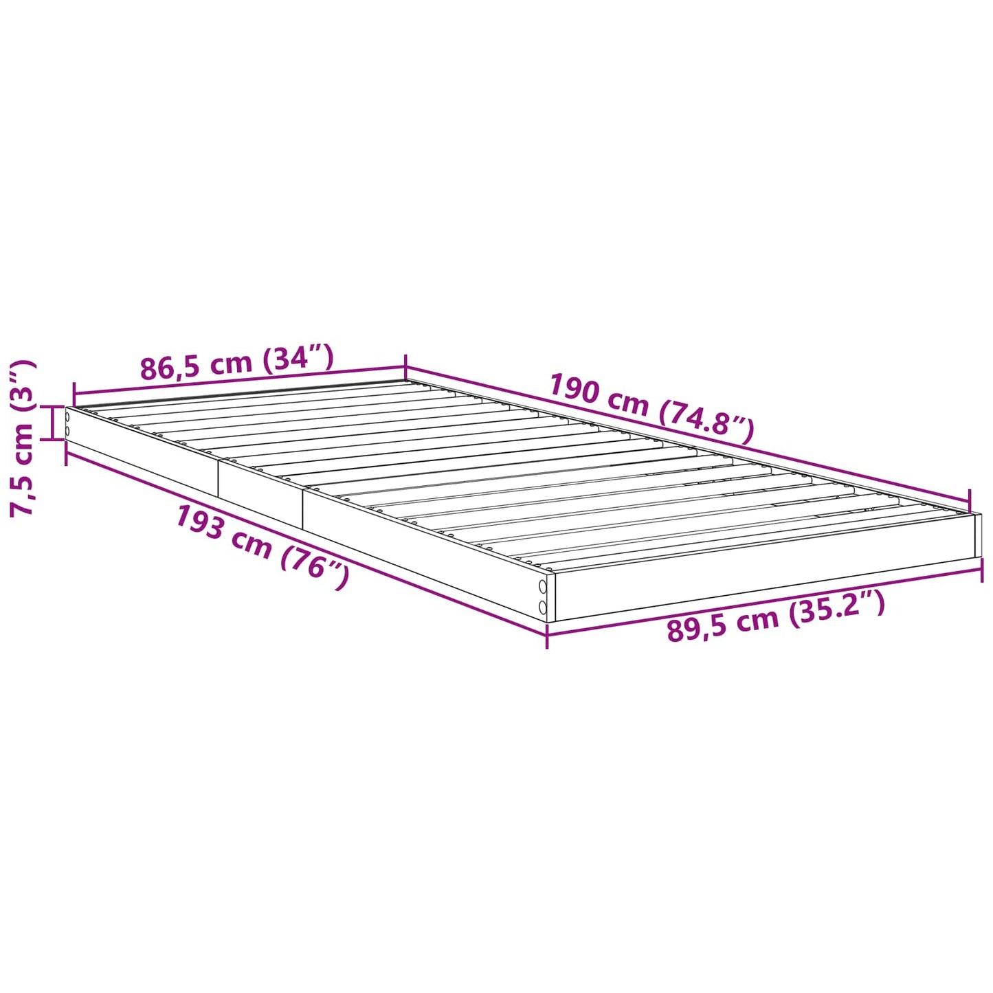 vidaXL Κρεβάτι δαπέδου Γκρίζο Σονομα 90 x 190 cm Επεξεργασμένο ξύλο